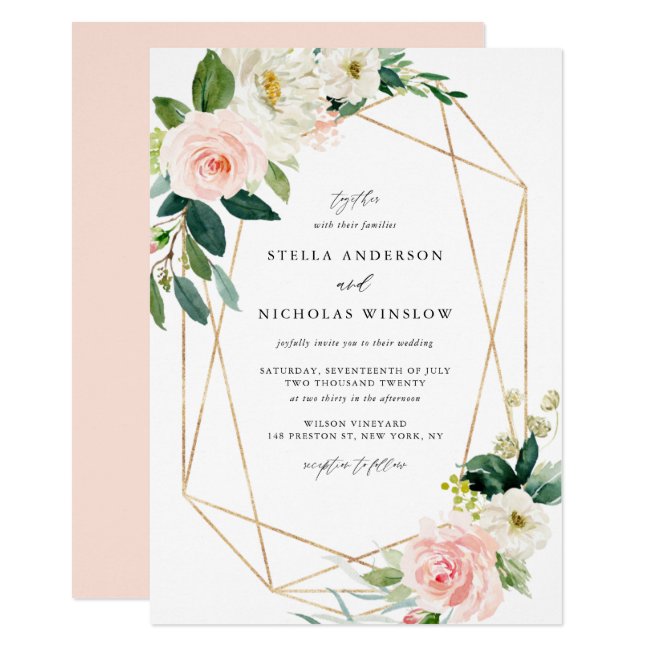 Geometric Watercolor Spring Blooms Wedding Invitation