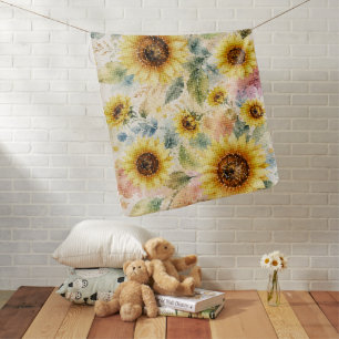 Geometric Watercolor Sunflower Floral Art Baby Blanket