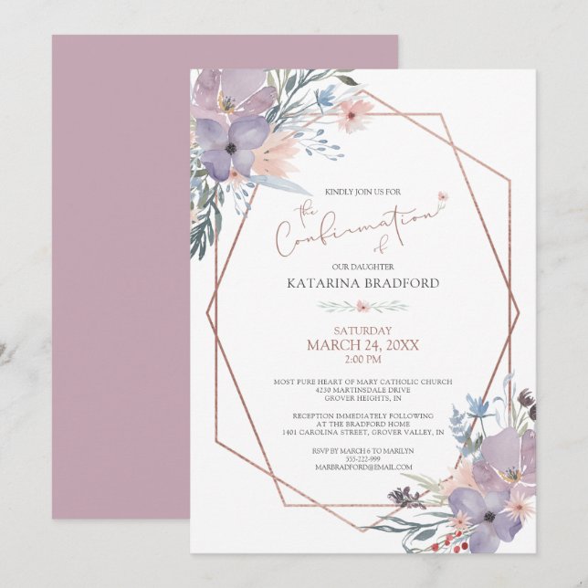Geometric Watercolor Wildflower Lilac Confirmation Invitation (Front/Back)