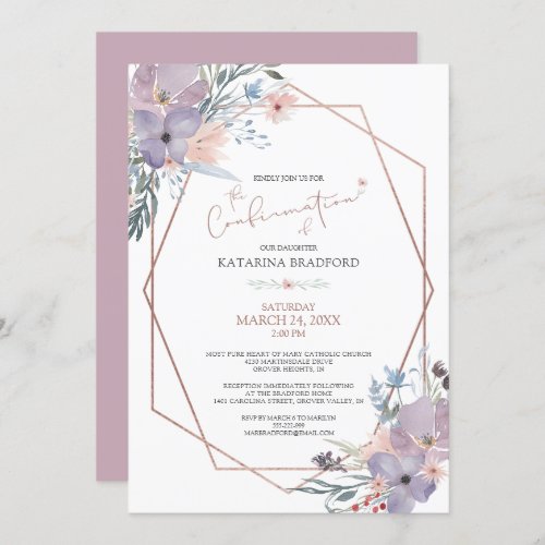Geometric Watercolor Wildflower Lilac Confirmation Invitation