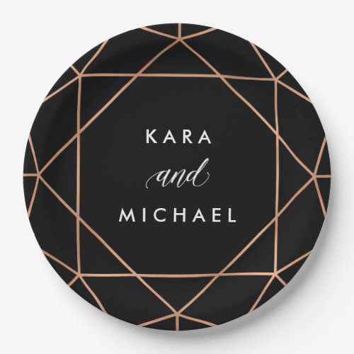 Geometric Wedding  Faux Rose Gold on Black Paper Plates