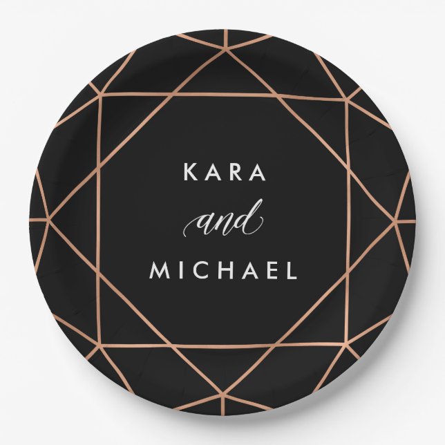 Geometric Wedding | Faux Rose Gold on Black Paper Plates (Front)