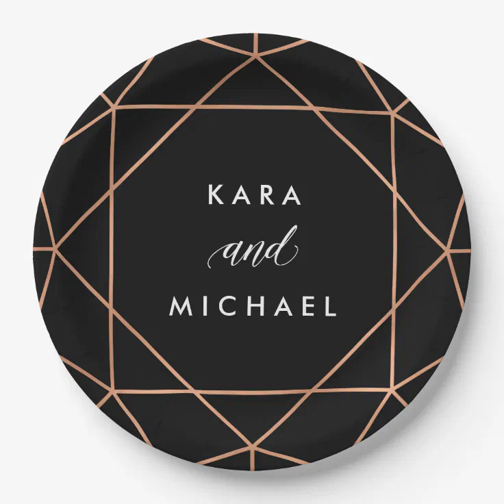 Geometric Wedding Faux Rose Gold on Black Paper Plates Zazzle