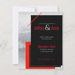 Geometric wedding red, black, gray, white stripes invitation