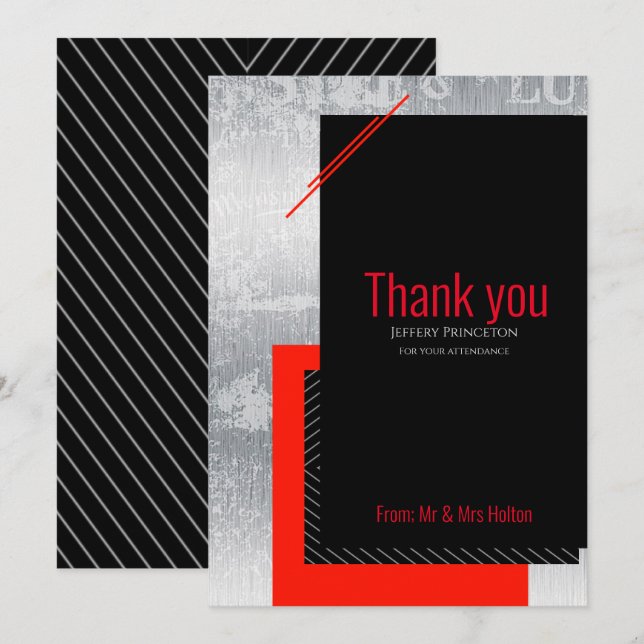 Geometric wedding red, black, gray, white stripes  thank you card (Front/Back)