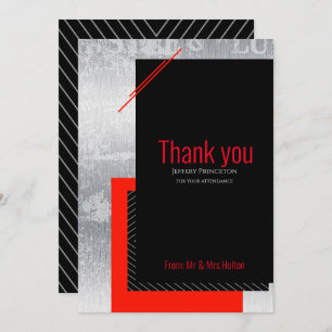 Geometric wedding red, black, gray, white stripes thank you card
