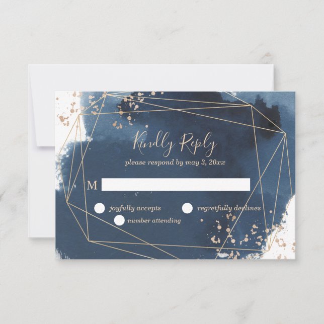 Geometric wedding RSVP in navy and gold (Front)