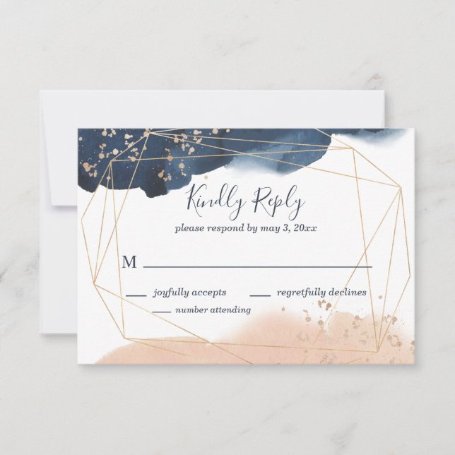 Geometric wedding RSVP in navy, gold, and blush Card (Front)