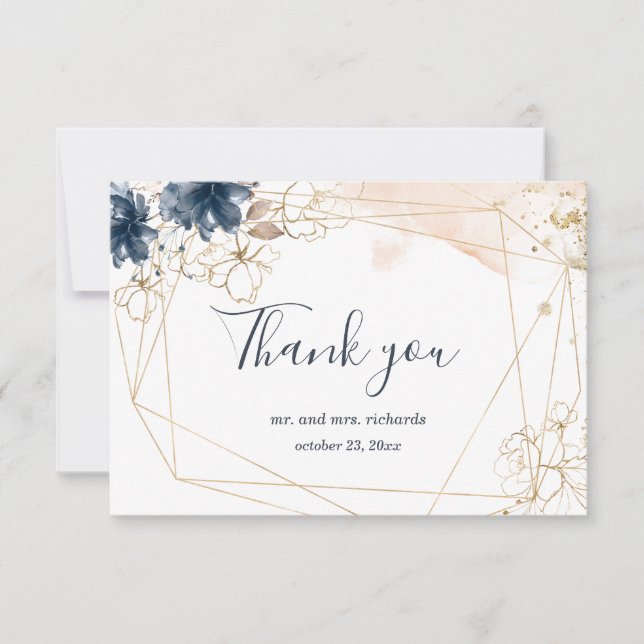 Geometric wedding Thank you in navy, gold & blush RSVP Card (Front)