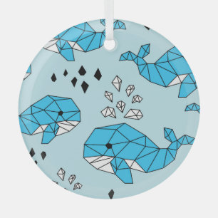 Geometric Whale: Cute Seamless Pattern Glass Ornament