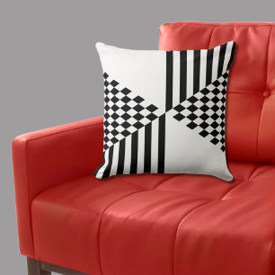 Geometric White & Black Stripes Diamond Checkers Throw Pillow