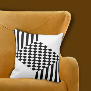 Geometric White & Black Stripes Diamond Checkers Throw Pillow