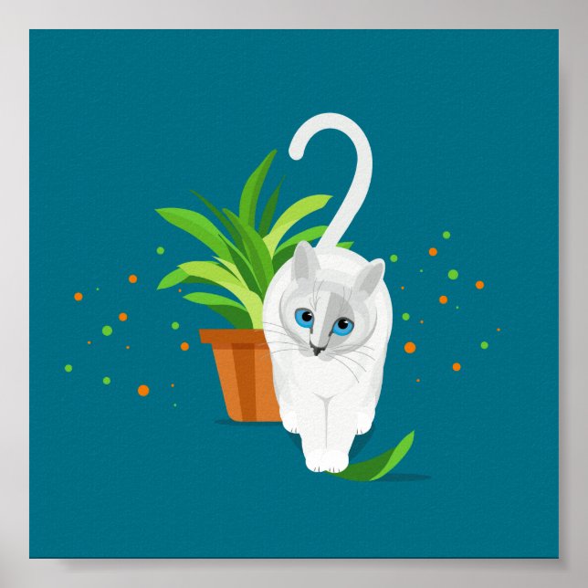 Geometric white cat walking past a plant pot poster (Front)