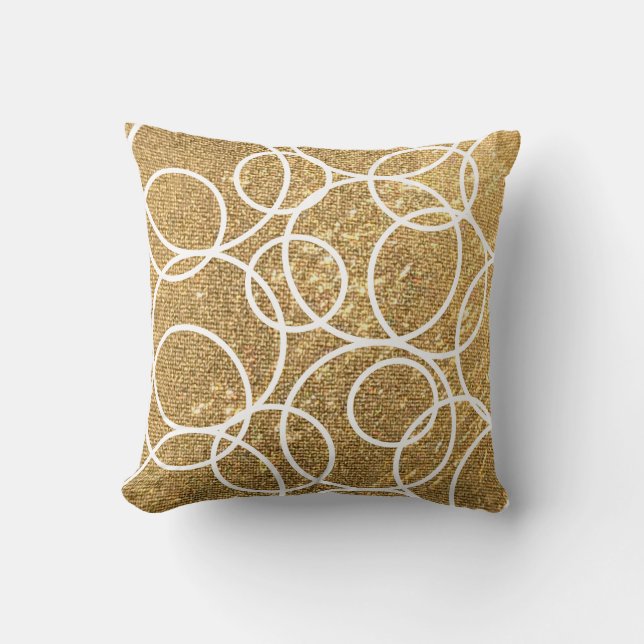 Geometric White Circles Abstract Gold Glitter Throw Pillow (Front)
