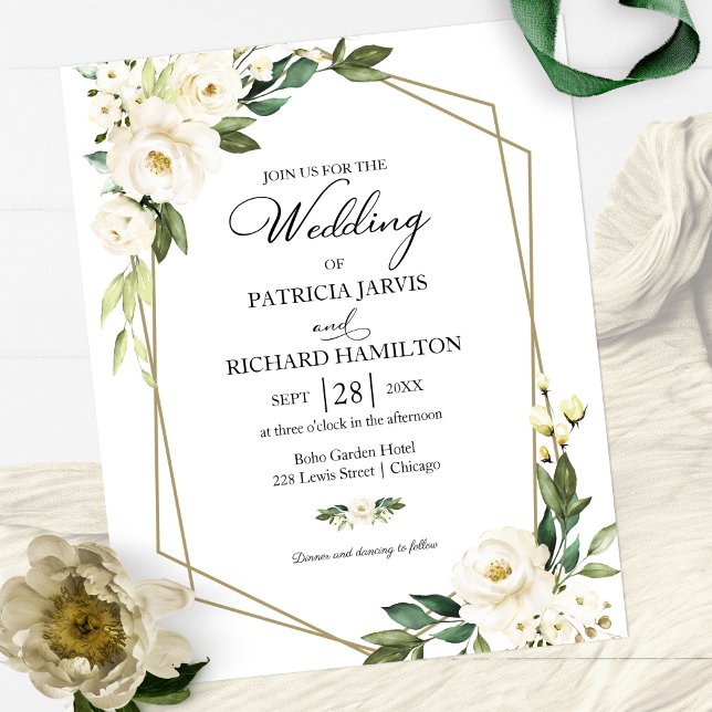 Geometric White Floral Budget Wedding Invitation