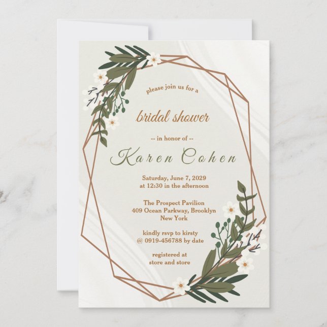 Geometric White Flowers Greenery Bridal Shower Invitation (Front)