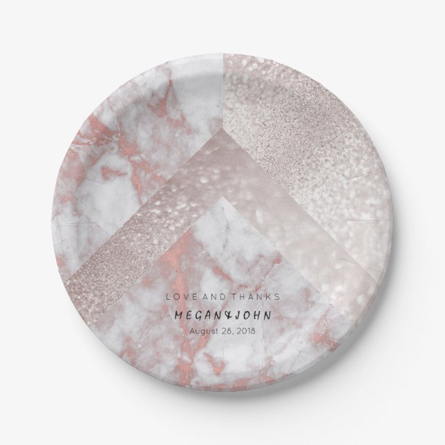 Geometric White Glitter Pink Rose Gold Marble Paper Plates (Front)