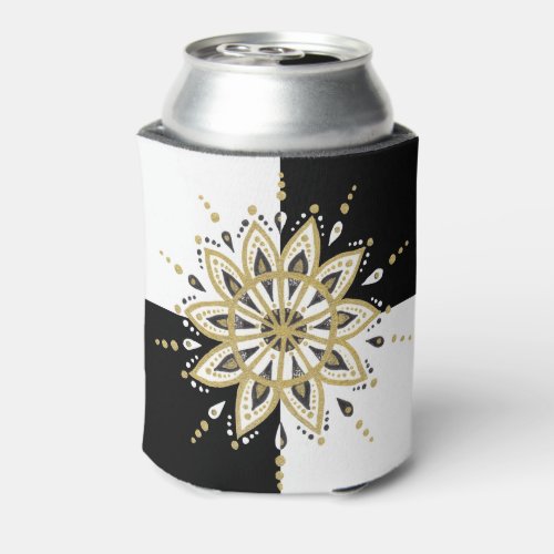 Geometric White Gold  Black Circle Mandala Can Cooler