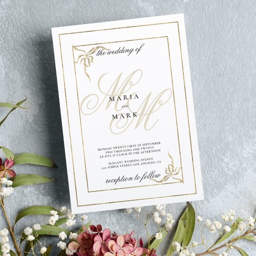 Geometric white gold bow monogram initials wedding invitation