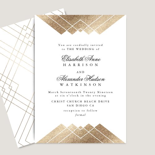 Geometric White Gold Gatsby Calligraphy Wedding Invitation