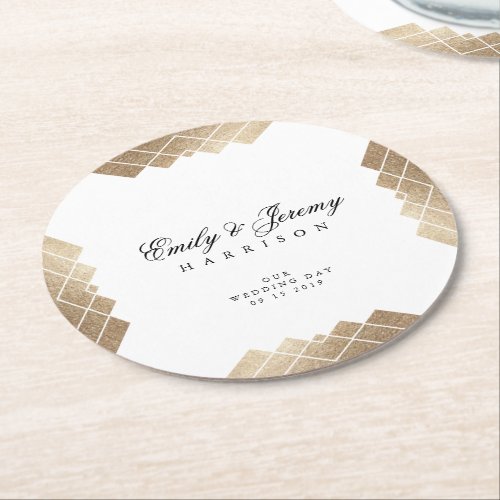 Geometric White Gold Gatsby Wedding Table Coaster