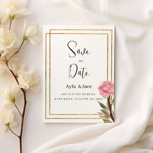 Geometric white gold pink flower Save the Date Invitation