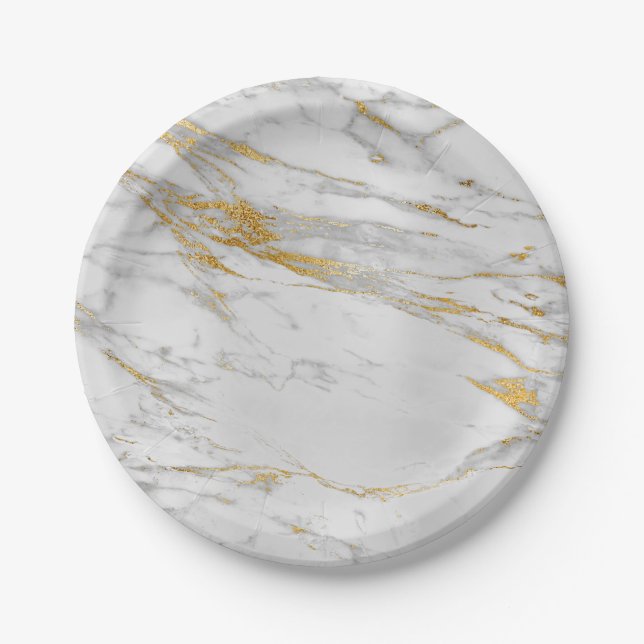 Geometric White Gray Carrara Gold Marble Paper Plates (Front)