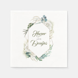 Geometric White Hydrangea and Greenery Wedding Napkins