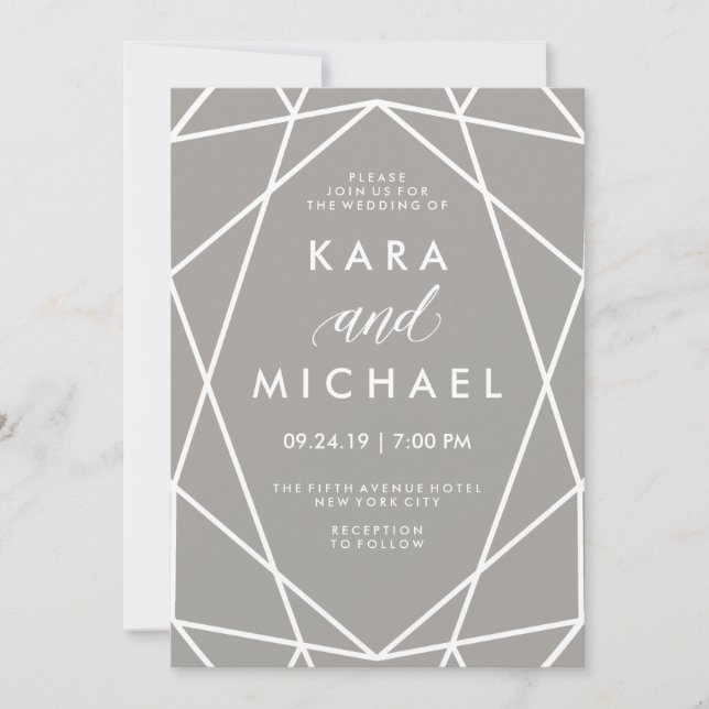Geometric White Lines on Modern Gray Wedding Invitation (Front)