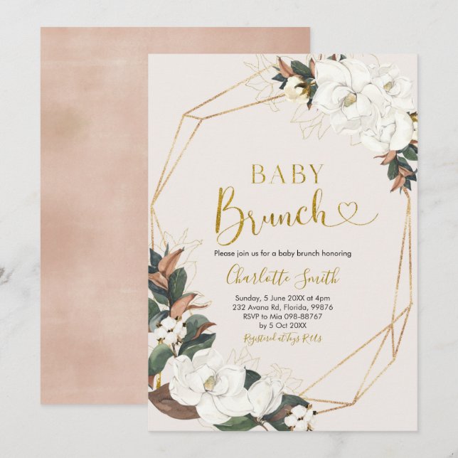 Geometric White Magnolia Baby Brunch Invitation (Front/Back)