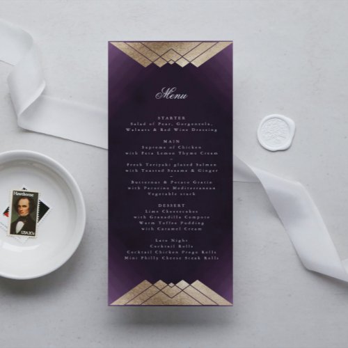 Geometric White Purple Gold Gatsby Wedding Menu