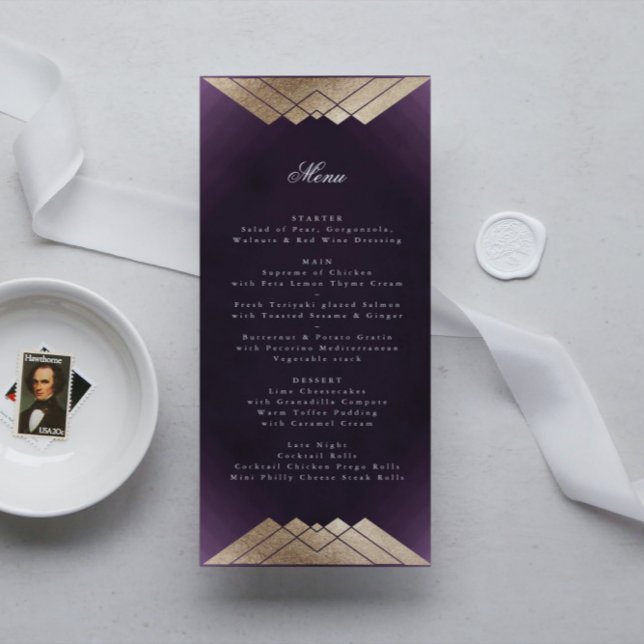 Geometric White Purple Gold Gatsby Wedding Menu (Creator Uploaded)