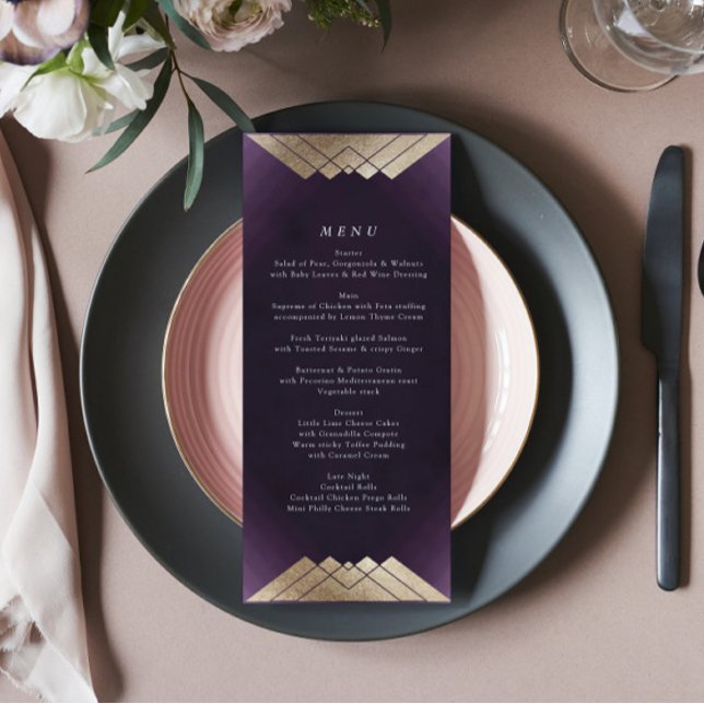Geometric White Purple Gold Gatsby Wedding Menu (Creator Uploaded)