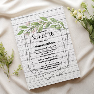 Geometric white wood green floral Sweet 16 Invitation