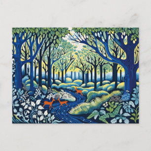 Geometric Wilderness in Linocut. Springtime Holiday Postcard