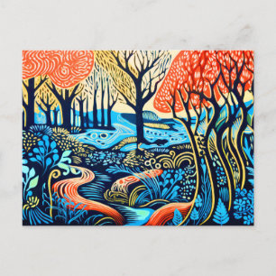 Geometric Wilderness in Linocut Winter Holiday Postcard