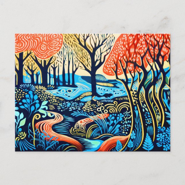 Geometric Wilderness in Linocut Winter Holiday Postcard (Front)