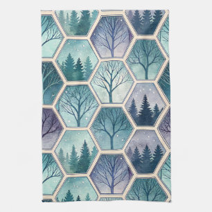 Geometric Winter Forest – Trees in Hexagon Kitchen Towel