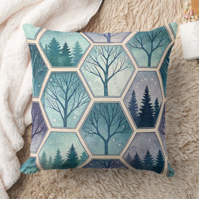 Geometric Winter Forest – Trees in Hexagon Throw Pillow (Blanket)