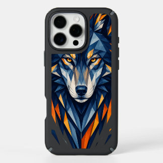 Geometric Wolf Black & Orange Polygonal Art iPhone 16 Pro Max Case