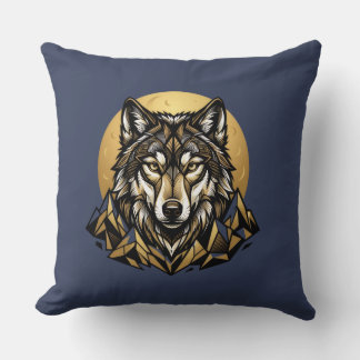 Geometric Wolf Head Moon Mountain Throw Pillow