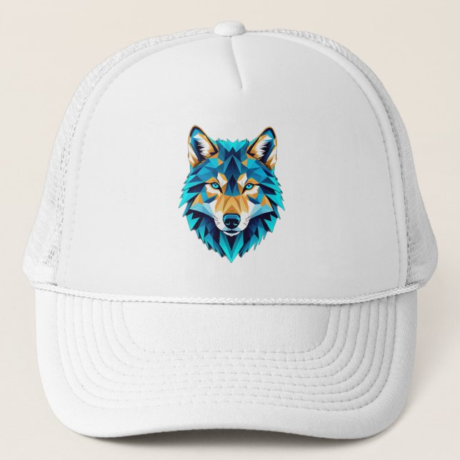 Geometric Wolf Head – Neon Blue Low Poly Animal Ar Trucker Hat (Front)