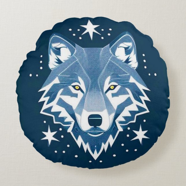 Geometric Wolf With Stars Mystical Decor 🐺 Round Pillow (Front)