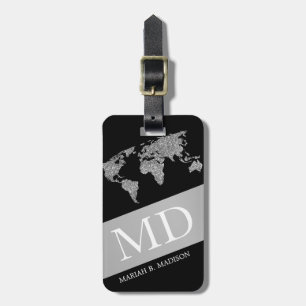 Geometric World Traveler map Silver metal Monogram Luggage Tag