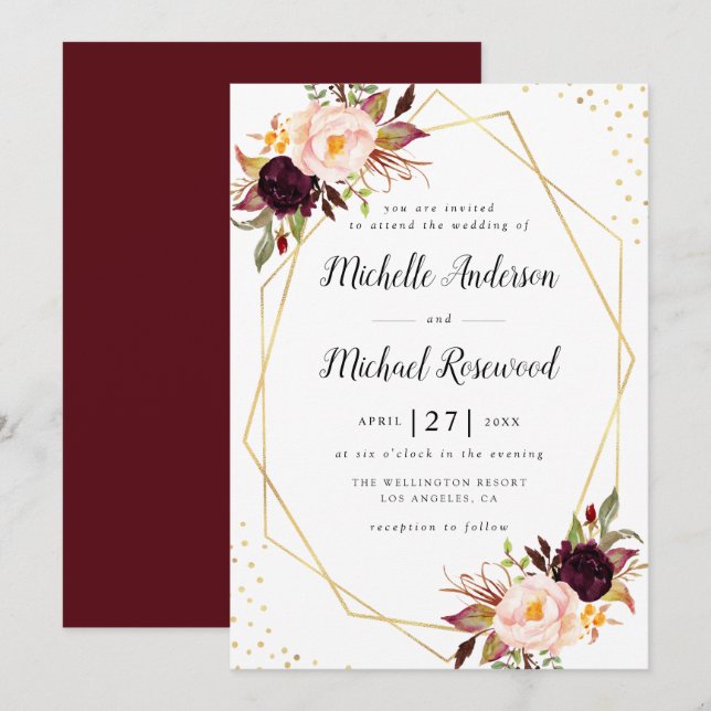 Geometric wreath burgundy blush floral wedding invitation (Front/Back)