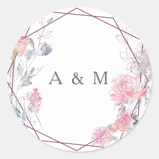 Geometric Wreath Flowers Modern Wedding Stickers (Front)