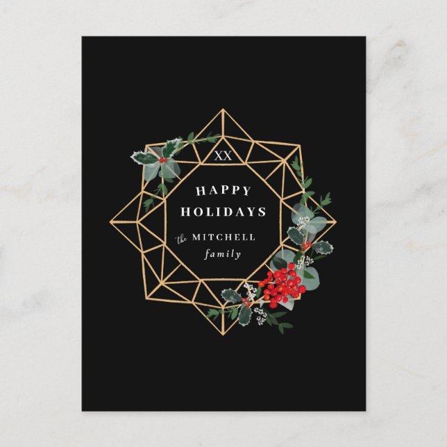 Geometric Wreath Holiday Greeting Photo Back Invitation Postcard (Front)