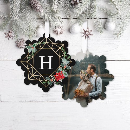 Geometric Wreath Holly Photo Monogram Ornament Card