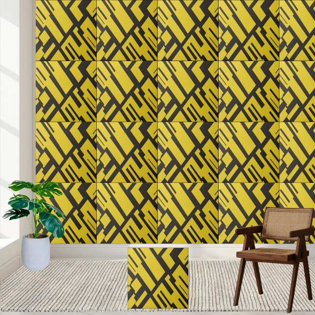 Geometric Yellow and Black Abstract Pattern  Ceramic Tile (Geometric Yellow and Black Abstract Pattern Ceramic Tile)