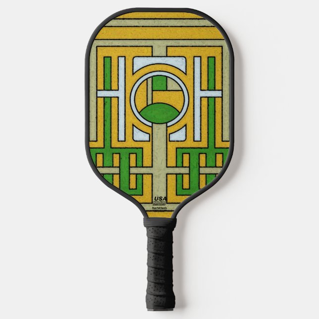 Geometric Yellow and Green Abstract Maze Design Pickleball Paddle (Front)
